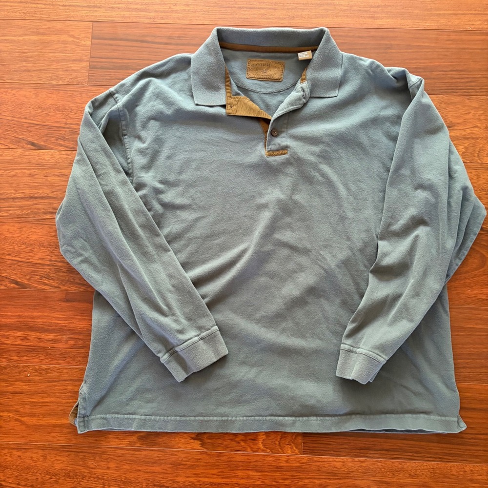 North River Outfitters Mens XL Blue Long Sleeve Cotton Polo Shirt Corduroy Trim